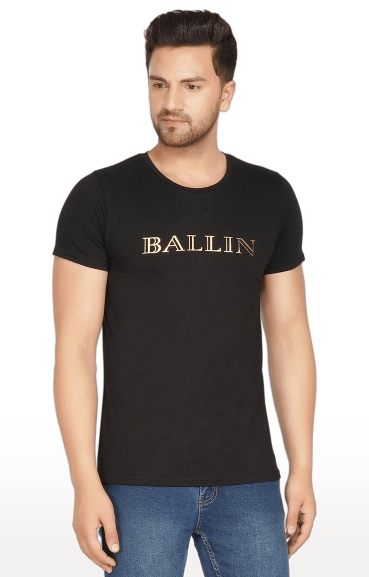 SLAY | Men's Black Typographic Denim Regular T-Shirts