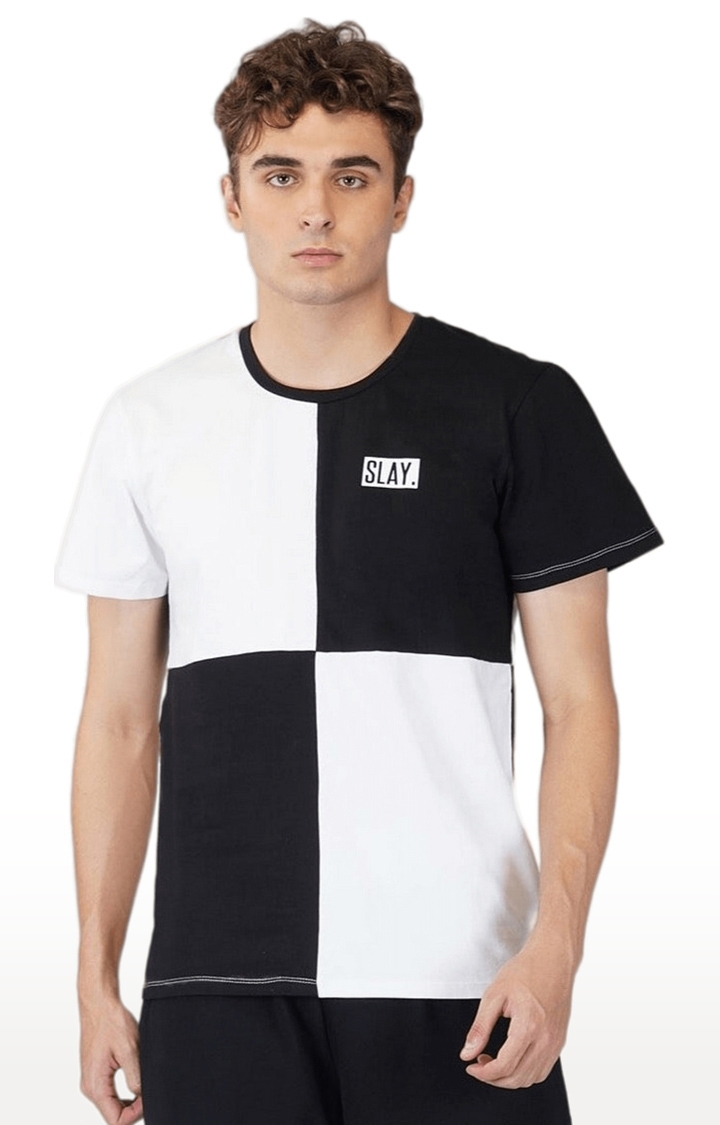 SLAY | Men's Black Colourblock Polyester Regular T-Shirts
