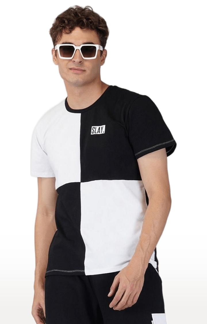 Men's Black Colourblock Polyester Regular T-Shirts