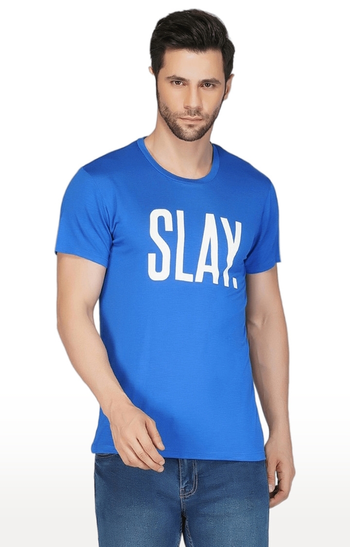 SLAY | Men's Blue Typographic Cotton Regular T-Shirts