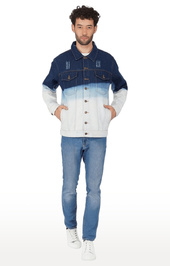 Men's Blue Colourblock Cotton Denim Jackets