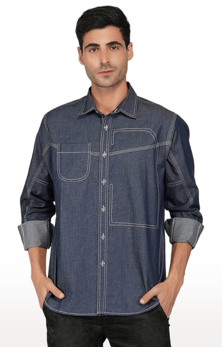 Social Man|men's Slim Fit Cotton Denim Shirt - Casual Turn-down Collar,  Single Breasted