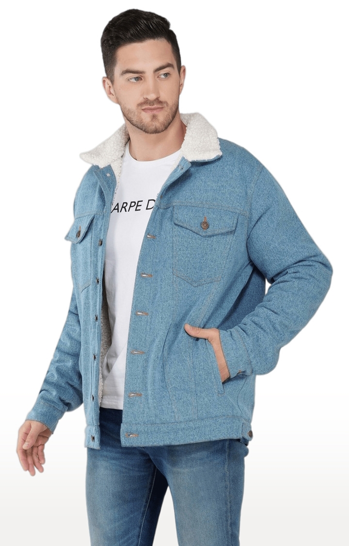 Men's Blue Solid Cotton Denim Jackets