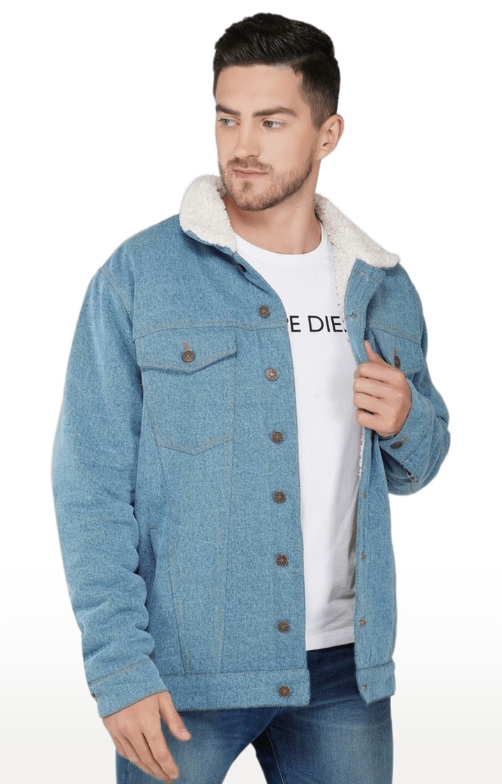 Men's Blue Solid Cotton Denim Jackets