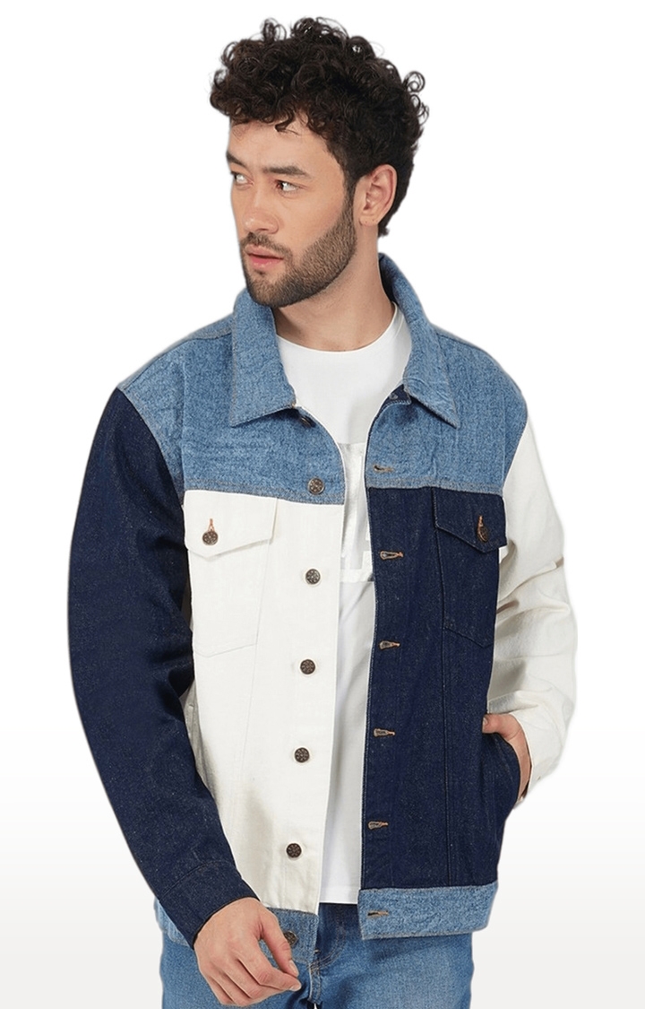Men's Blue Colourblock Cotton Denim Jackets