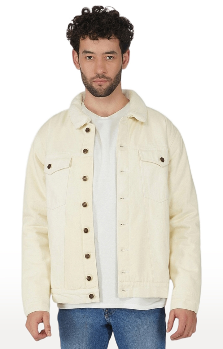 SLAY | Men's Beige Solid Cotton Denim Jackets