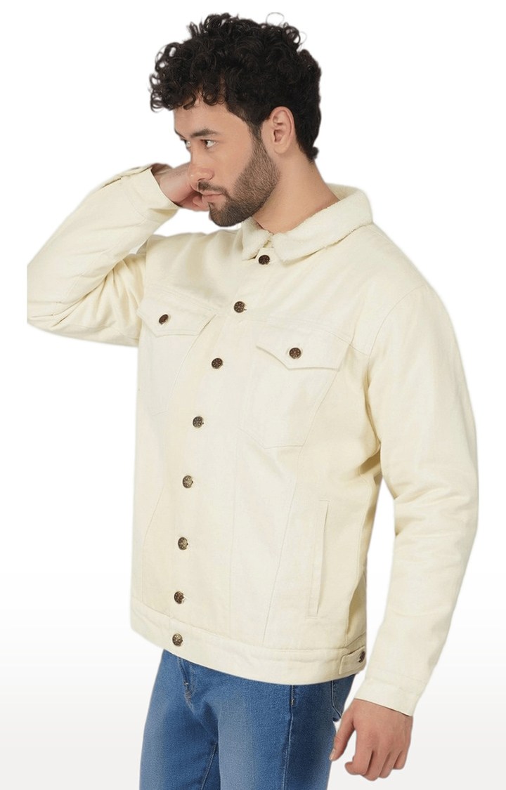 Men's Beige Solid Cotton Denim Jackets