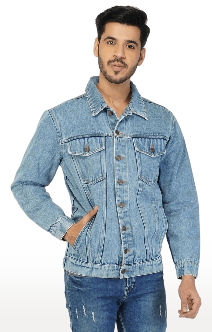 Men's Blue Solid Denim Denim Jackets