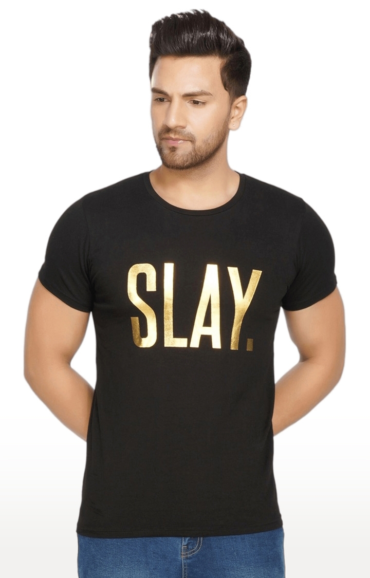 SLAY | Men's Black Typographic Cotton Regular T-Shirts