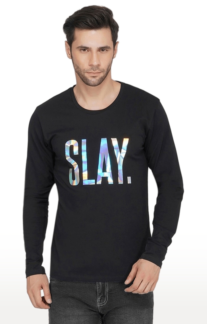 SLAY | Men's Black Typographic Polyester Regular T-Shirts