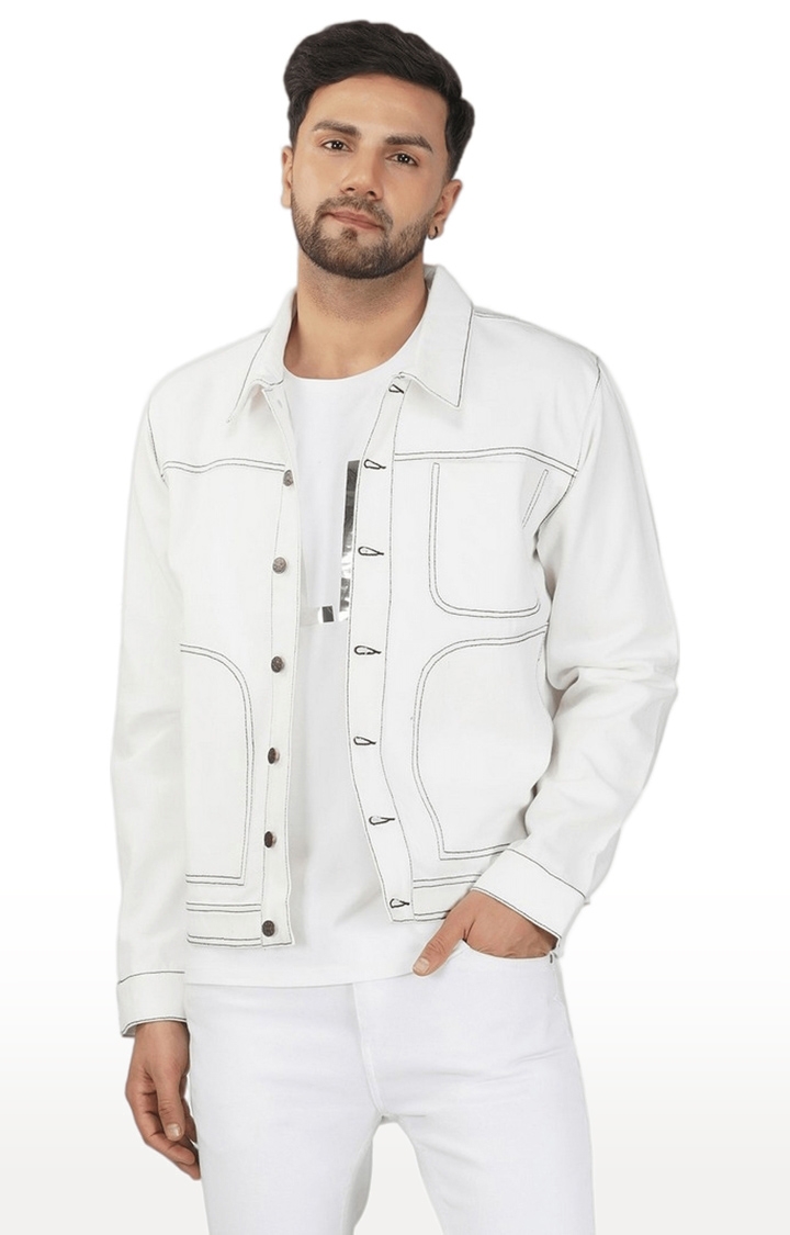 Men's White Solid Denim Denim Jackets