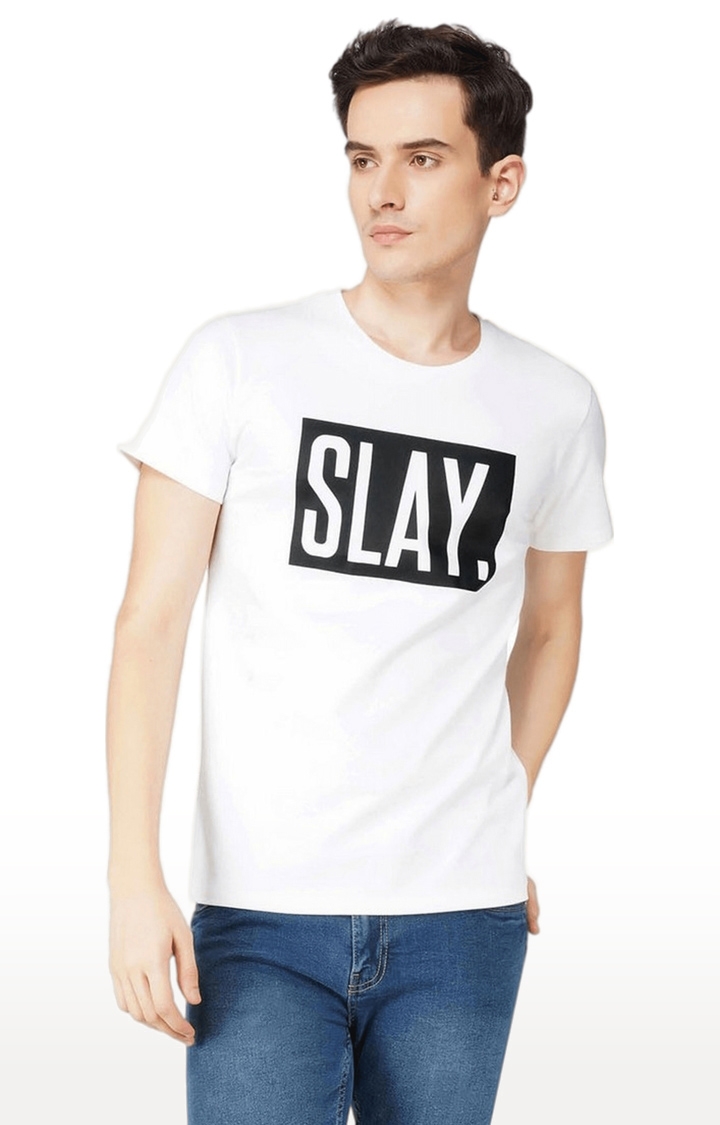 SLAY | Men's White Typographic Cotton Regular T-Shirts