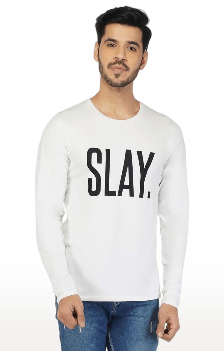 SLAY | Men's White Typographic Cotton Regular T-Shirts
