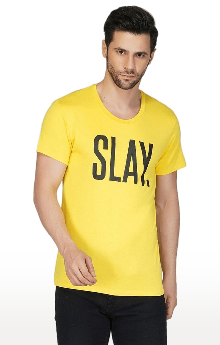 Men's Yellow Typographic Cotton Regular T-Shirts