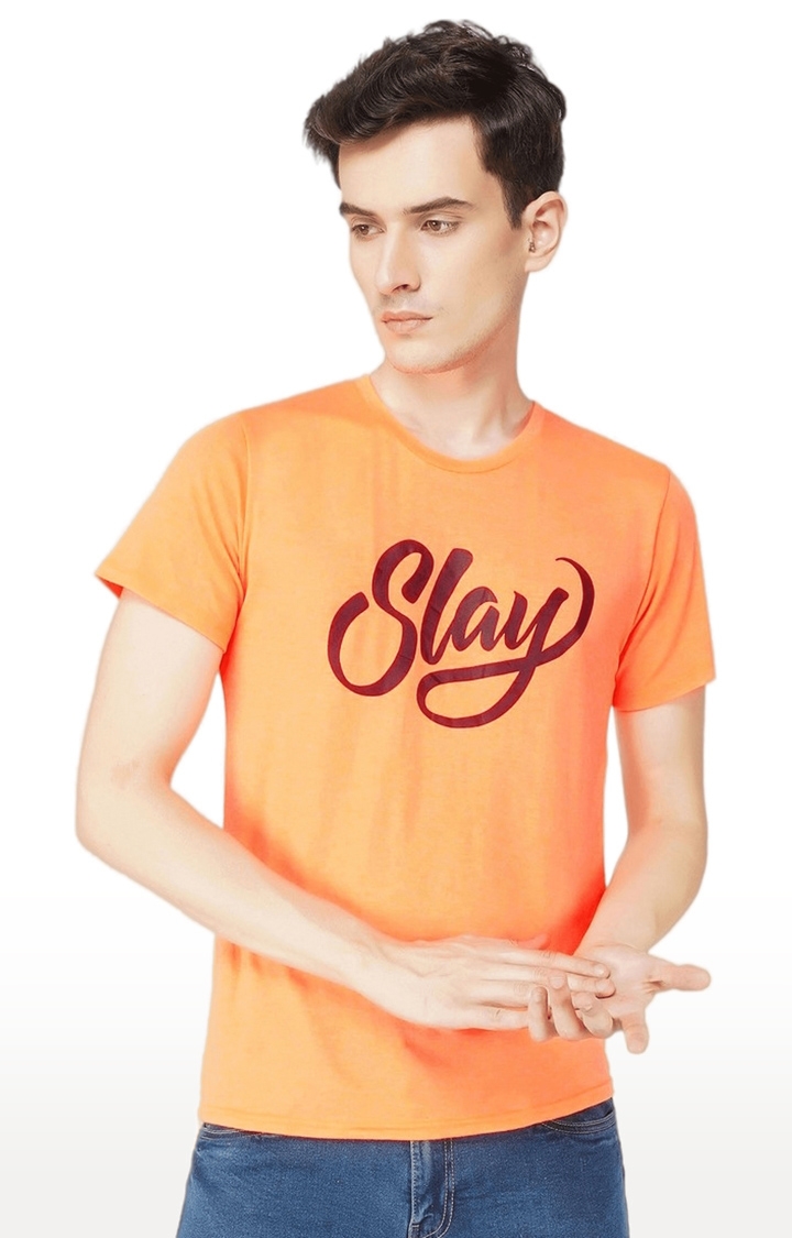 SLAY | Men's Orange Typographic Cotton Regular T-Shirts