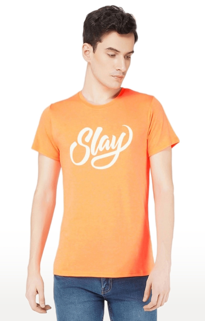 SLAY | Men's Orange Typographic Viscose Regular T-Shirts
