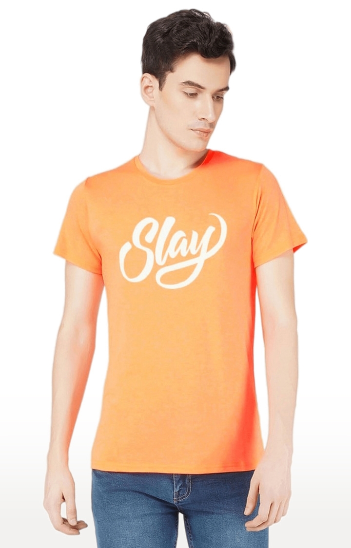 SLAY | Men's Orange Typographic Polyester Regular T-Shirts