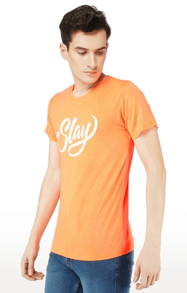 Men's Orange Typographic Polyester Regular T-Shirts