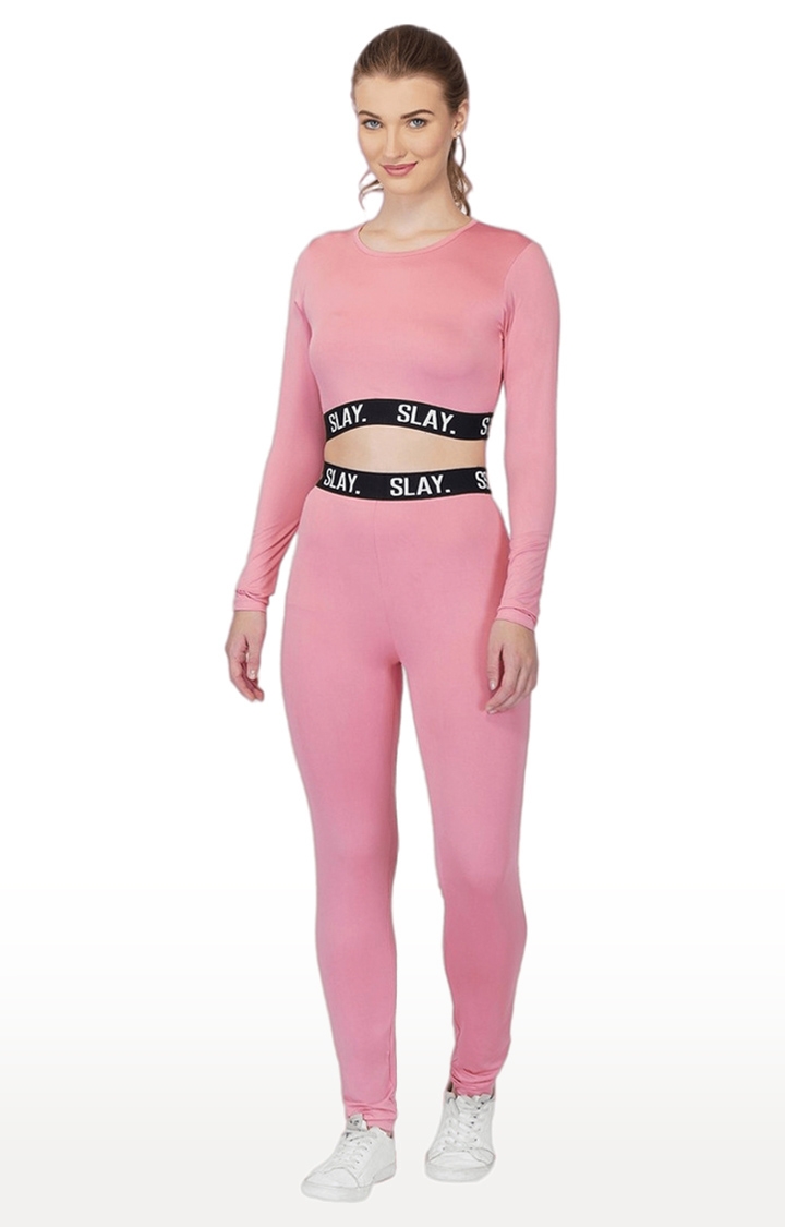 SLAY | Women's Pink Solid Cotton Activewear Crop Tops