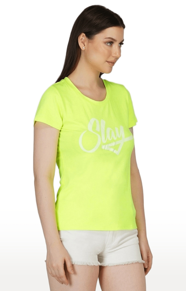 Women's Green Typographic Polyester Regular T-Shirts