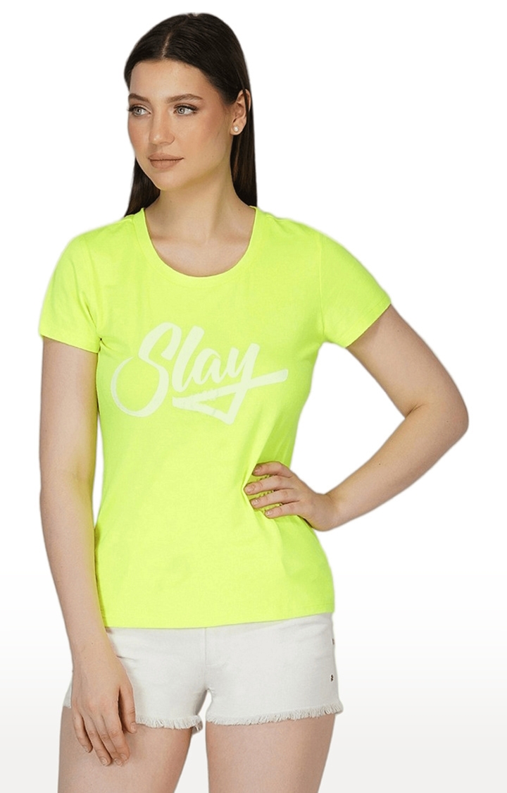 SLAY | Women's Green Typographic Polyester Regular T-Shirts