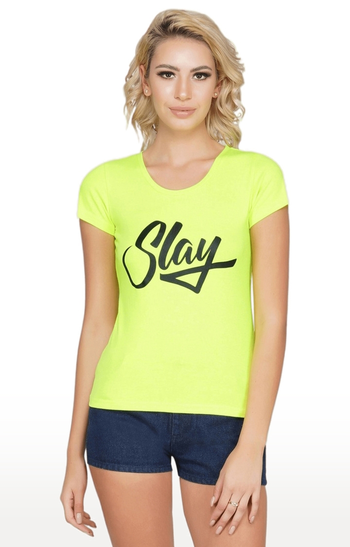 SLAY | Women's Green Typographic Cotton Regular T-Shirts
