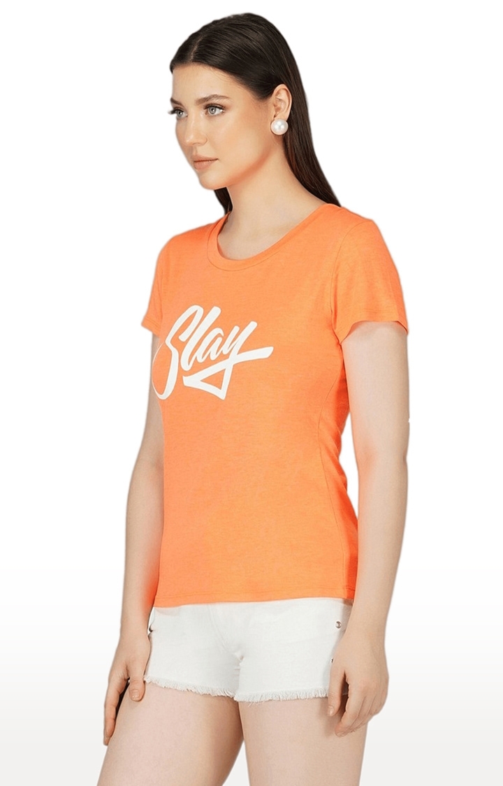Women's Orange Typographic Cotton Regular T-Shirts