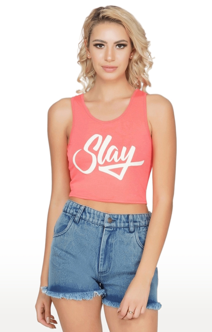 SLAY | Women's Pink Typographic Cotton Crop Top