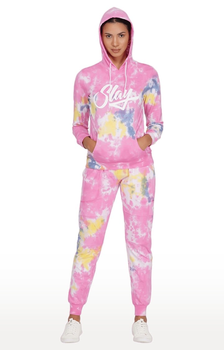 Sport Women Pink Tie Dye Tracksuit Hoodie & Joggers Activewear Co-ord Set Streetwear