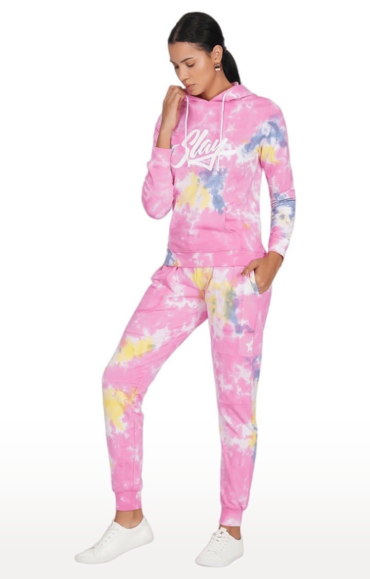 Sport Women Pink Tie Dye Tracksuit Hoodie & Joggers Activewear Co-ord Set Streetwear