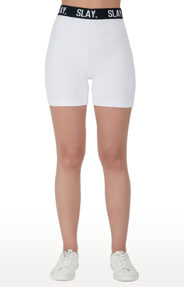 SLAY | Women's White Polyester Soild Activewear Shorts