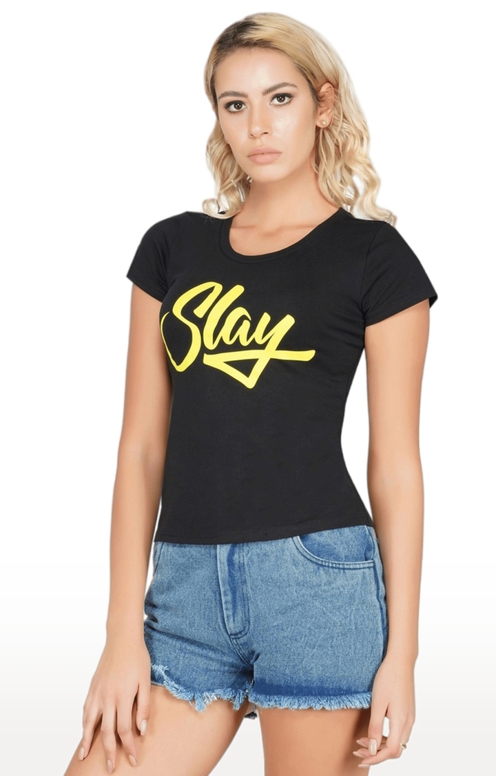 SLAY | Women's Black Typographic Cotton Regular T-Shirts