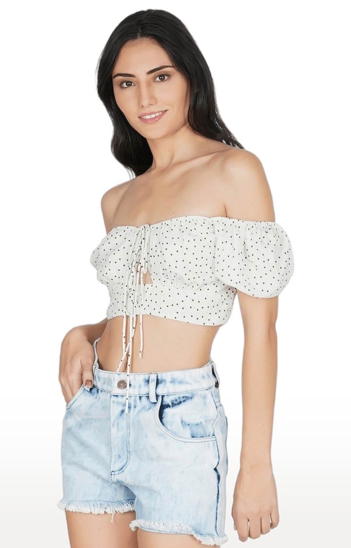 SLAY | Women's White Polka Dots Cotton Crop Top
