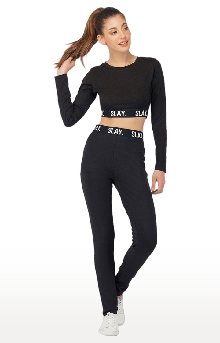 SLAY | Women's Black Solid Denim Activewear Crop Tops