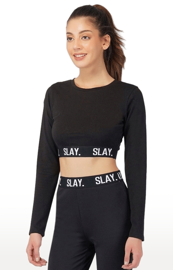 SLAY | Women's Black Solid Cotton Activewear Crop Tops