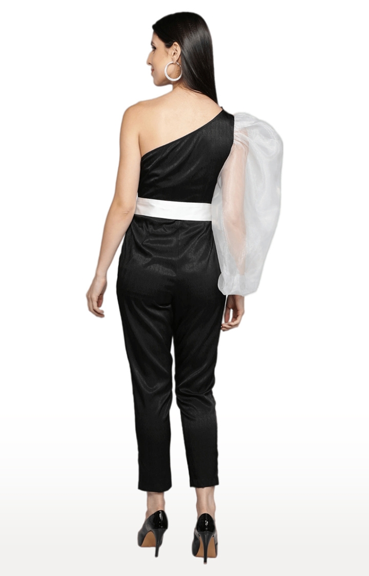 Women Black Balloon Sleeve Poly Textured Jumpsuit with White waist belt