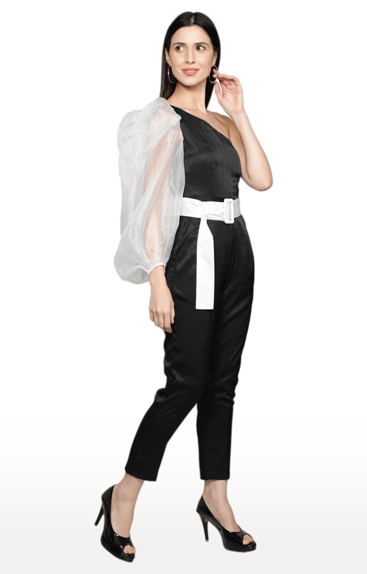 Women Black Balloon Sleeve Poly Textured Jumpsuit with White waist belt