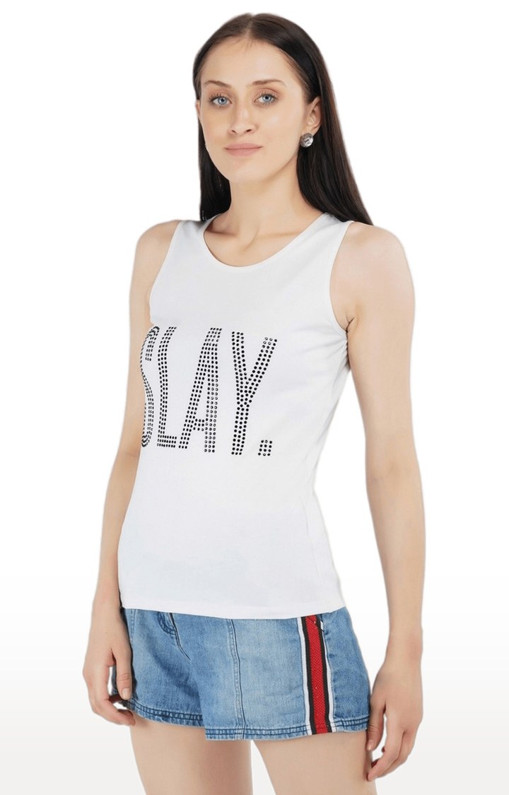 Women's White Embellished Satin Tank Top