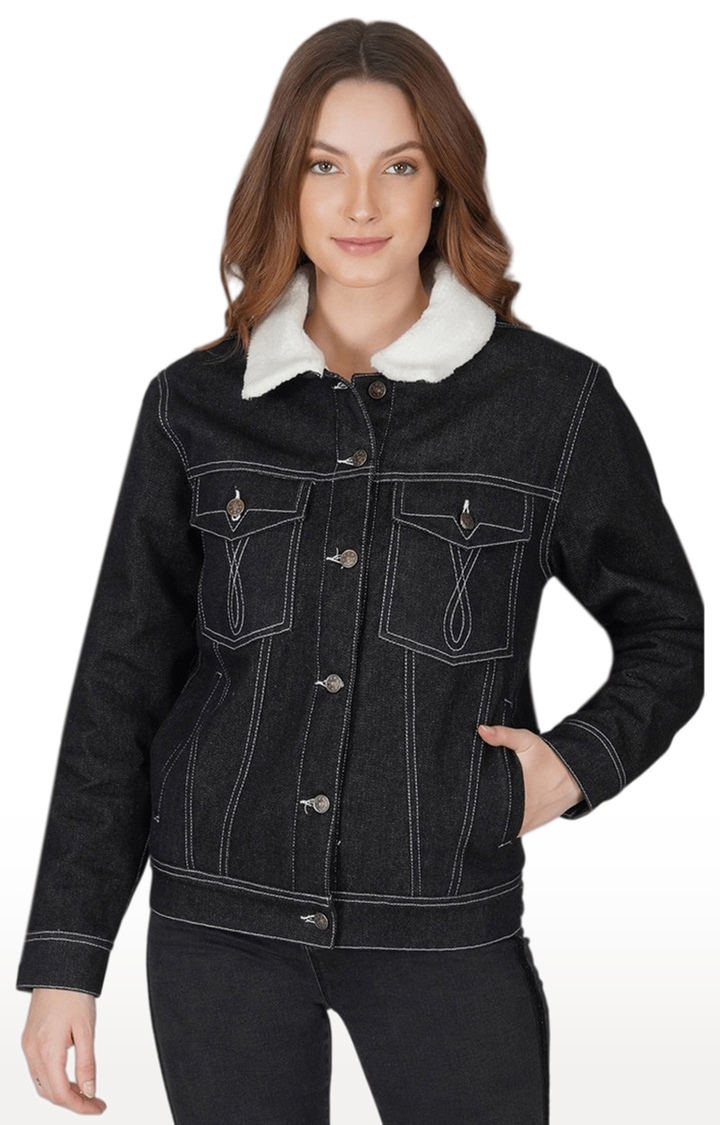 SLAY | Women's Black Solid Denim Denim Jackets