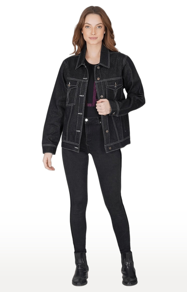 Women's Black Solid Cotton Denim Jackets