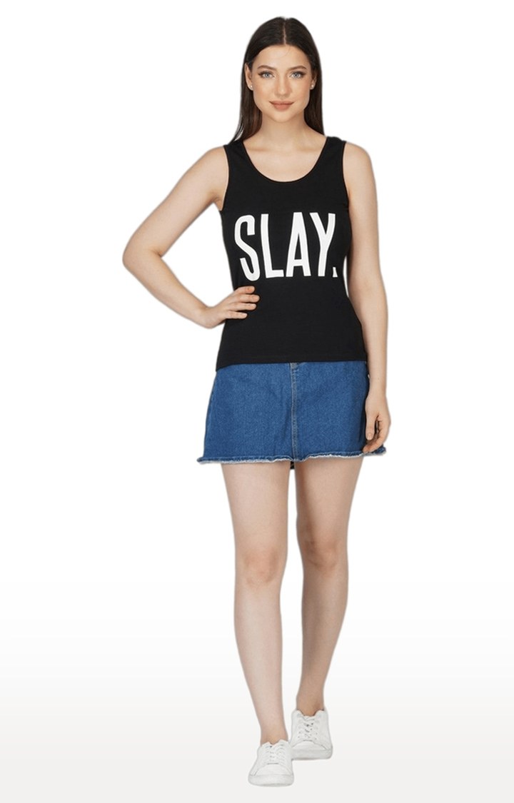 Women's Black Typographic Cotton Tank Top