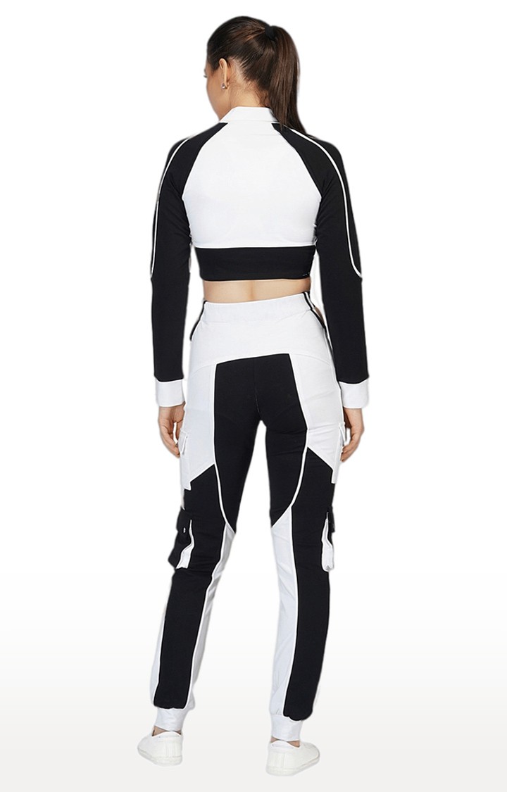 Women Tracksuit - Black & White Colorblock Crop Jacket & High Waist Cargo Pants Co-ord Set - Activewear Streetwear
