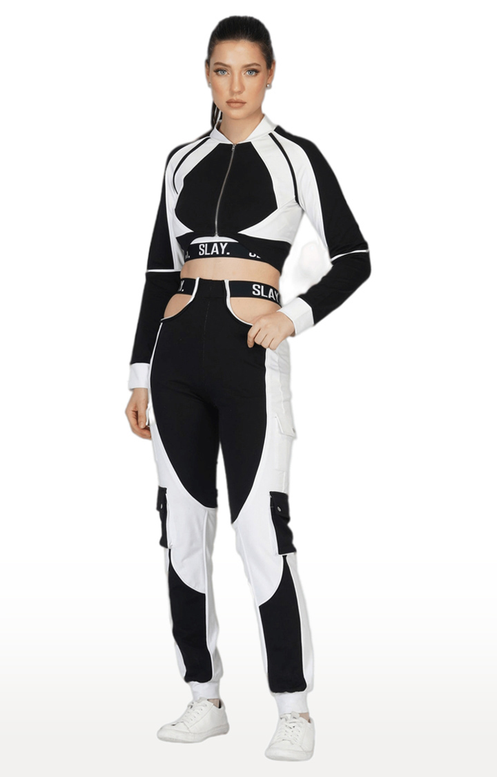 Women Tracksuit - Black & White Colorblock Crop Jacket & High Waist Cargo Pants Co-ord Set - Activewear Streetwear