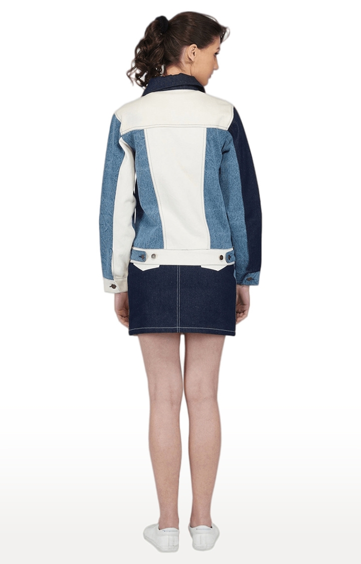 Women's Blue & White Denim Colourblock Pencil Skirt