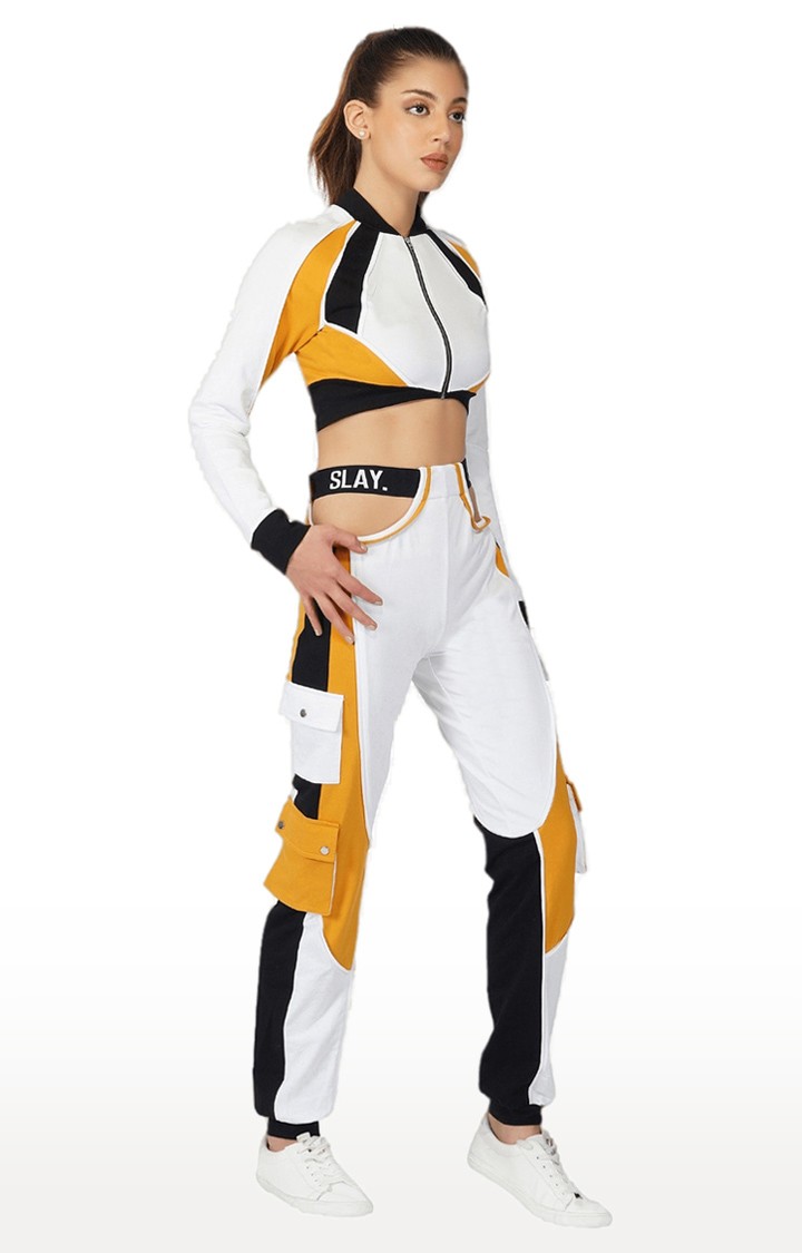 Women Activewear Tracksuit Mustard Colorblock Crop Jacket & Cargo Pants Co-ord Set Streetwear