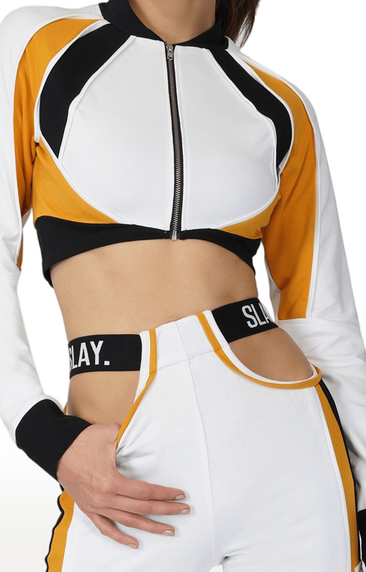 Women Activewear Tracksuit Mustard Colorblock Crop Jacket & Cargo Pants Co-ord Set Streetwear