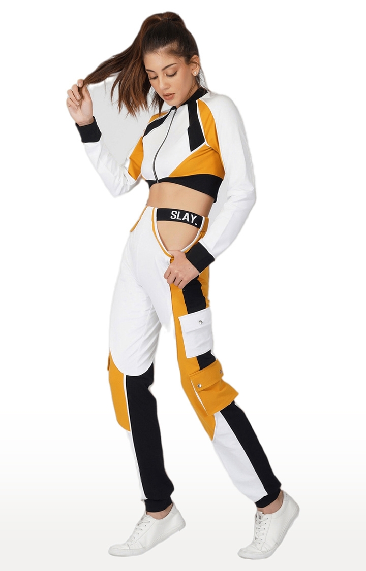 Women Activewear Tracksuit Mustard Colorblock Crop Jacket & Cargo Pants Co-ord Set Streetwear