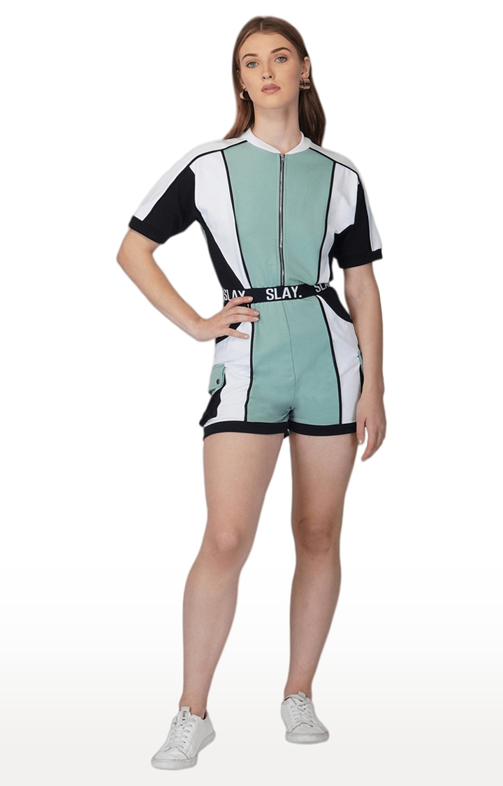 SLAY | Women's Colorblock Romper Turquoise White Black