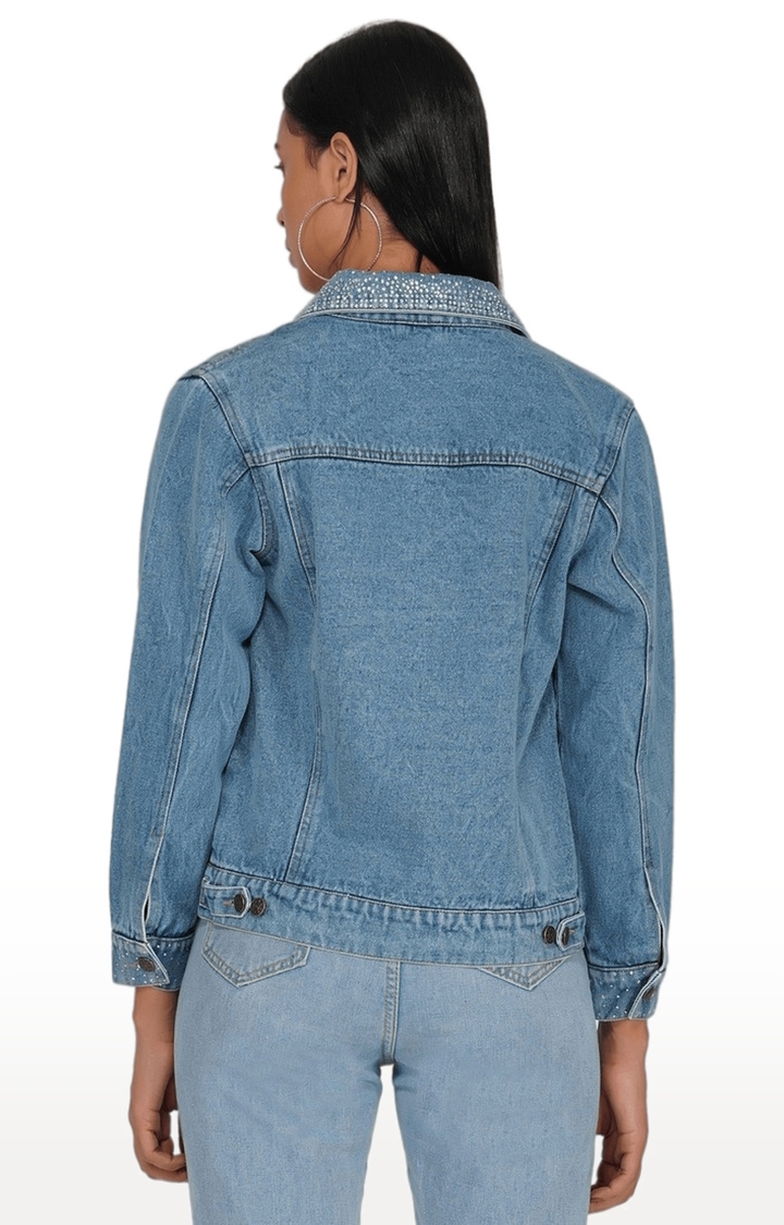 Women's Blue Embellished Denim Denim Jackets