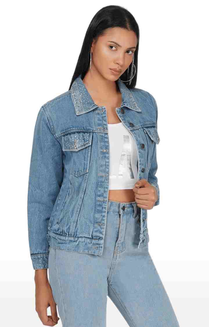 Women's Looney Tunes Blue Printed Denim Jacket